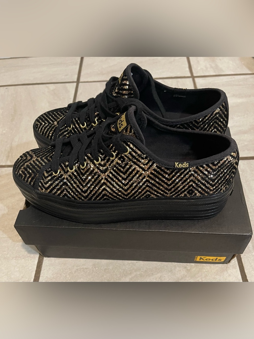Keds Black and Gold Chevron Glitter Platform Sneakers
